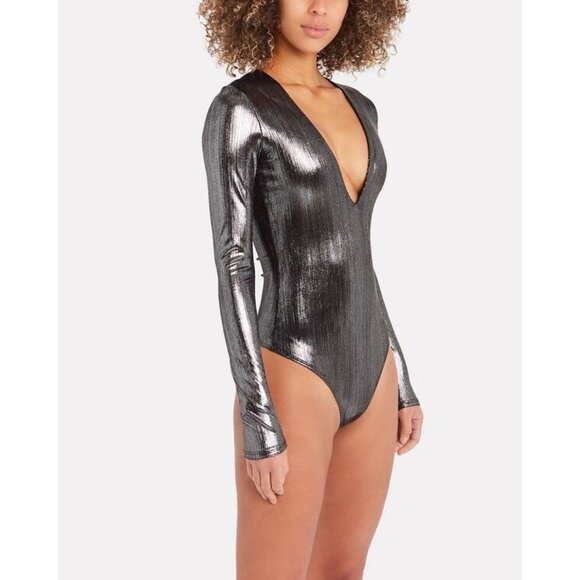 Alix NYC women's XS Irving Lamé Bodysuit sliver metallic plunge neck long sleeve - Picture 1 of 8